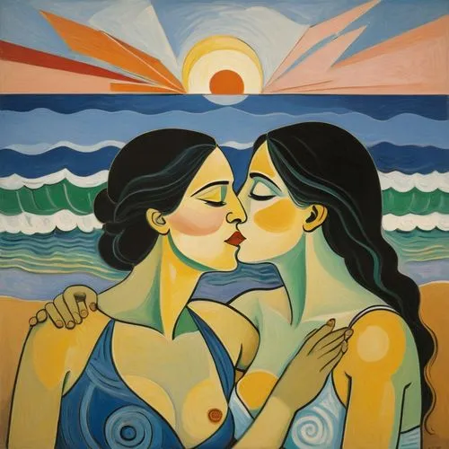 Lesbian couple kissing on the beach at sunrise,mother kiss,girl kiss,honeymoon,david bates,lovers,two girls,kissing,making out,amorous,loving couple sunrise,lover's beach,young couple,oil painting on 