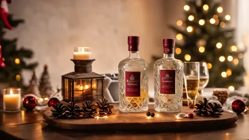 Product photography of spirits in a scandinavian christmas winter setting, hygge