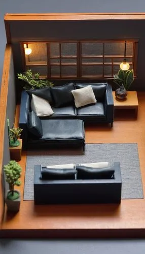 Miniature handmade interior design model, modern living room setting, 1,a living room with black leather couches, potted plants and two pillows,tatami,zen garden,diorama,sushi set,model house,miniatur