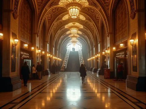 Art Deco, metro station, grand entrance, intricate metalwork, geometric patterns, luxurious chandeliers, marble floors, ornate columns, vintage posters, elegant typography, sophisticated commuters, 19