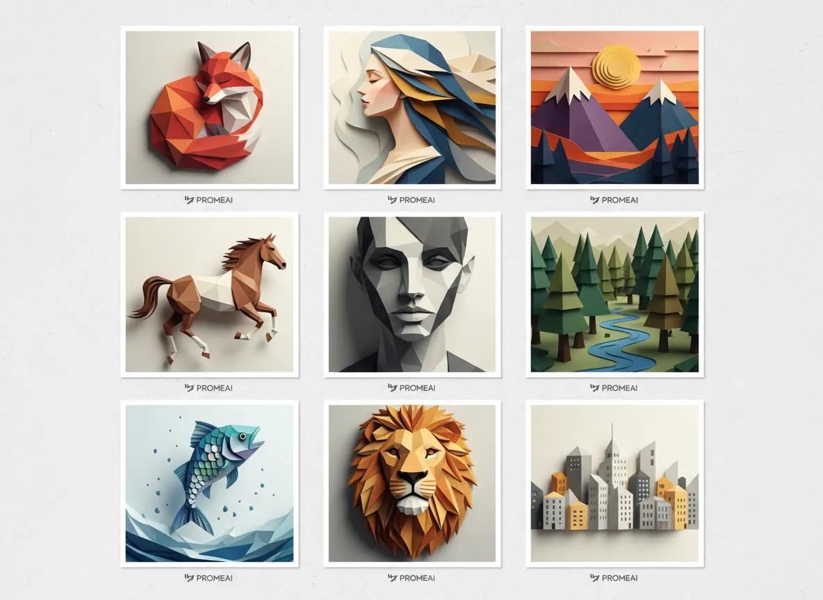 Ein Raster aus neun verschiedenen Postern im Origami Layered Stil, generiert von PromeAI, das eine Vielzahl von Motiven wie Tiere, Porträts und Landschaften zeigt.