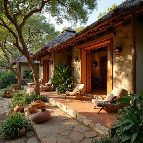 Rustic wooden cabins, natural stone walls, earthy terracotta tiles, woven bamboo ceilings, rattan furniture, lush greenery, regional flora, indigenous patterns, earthenware pottery, handmade ceramics,