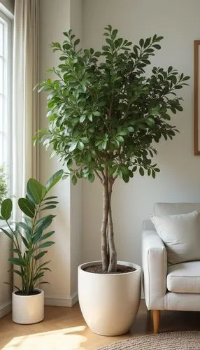 decorative tree in pot, living room,home staging,a potted plant in a living room with a white sofa,ficus,houseplant,bamboo plants,house plants,houseplants,potted tree,bonsai tree,growing mandarin tree