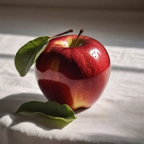 Fruitiger Aero Apple, shiny red skin, detailed texture, juicy pulp, green leafy stem, hovering above a modern white tablecloth, natural indirect lighting, still life composition, warm color tone, high