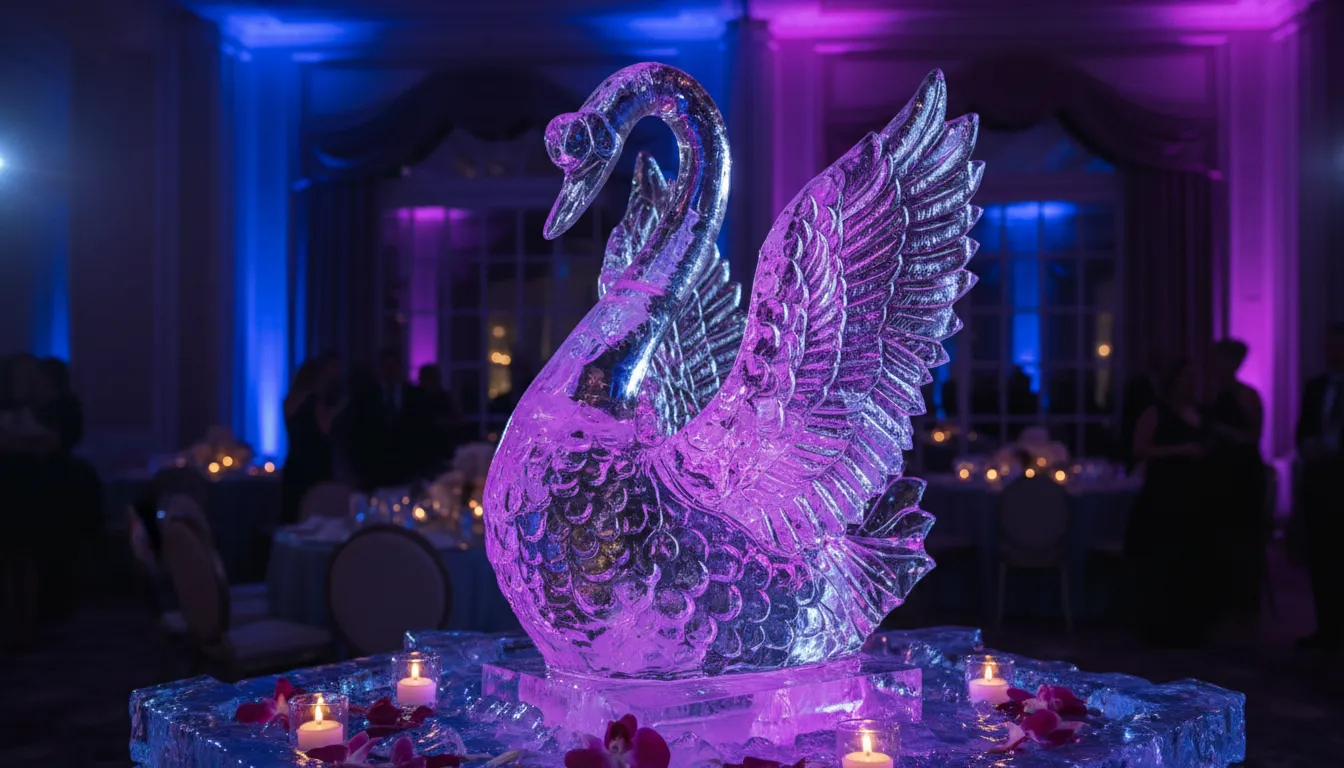 Un'immagine fotorealistica, generata dall'AI, di una complessa scultura di ghiaccio a forma di cigno che brilla sotto le luci blu e viola dell'evento.