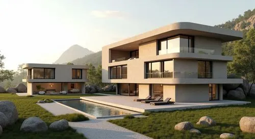 Photorealistic architectural visualization of a very luxurious, rectangular, round edges, futuristic, off-grid residential villa that has 3 floors. The residence is constructed entirely from hempcrete