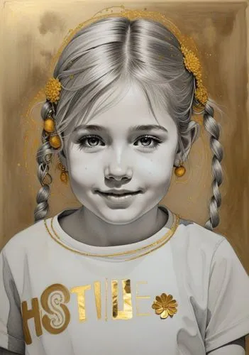 a little girl with long hair wearing a t shirt,stila,gold paint stroke,stil,siti,stella,seftel,sibyl,sterngold,studstill,gilding,gold foil art,sybille,sitti,else,stilo,stell,elli,sitel,stillie,steil