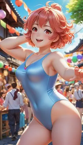 By Yves Di, a beautiful obese androgynous, satin slip leotard, beautiful face, beautiful legs, light red eyes, very happy face, full chubby body, colorful colors, detailed background beautiful, sunny 