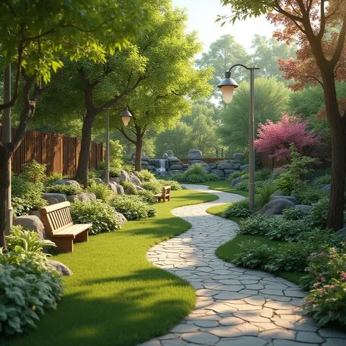 Serenely curved pathways, lush green lawns, vibrant blooming flowers, natural stone retaining walls, wooden benches, birdhouses, bird feeders, ornamental ponds, small waterfalls, native plants, rustic