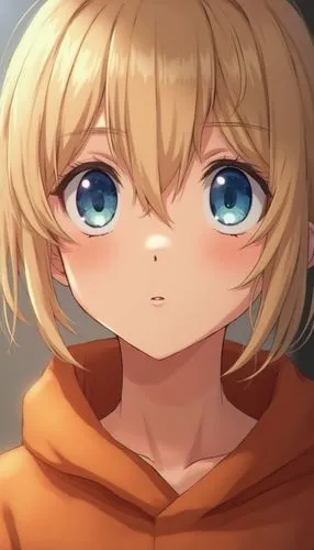 Image is a close-up portrait of a young person with fair skin and light blonde hair. The subject's hair is slightly tousled, framing their face. They have striking blue eyes and full lips, with a neut