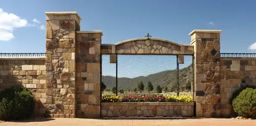main gate design ,a decorative entrance gate with flowers in the back,front gate,village gateway,tori gate,monastery garden,monasteries,victory gate,crematorium,monastery,southern wine route,city gate
