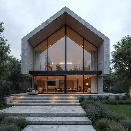 A hyper-realistic, high-resolution architectural photograph of a contemporary, two-story luxury barn house featuring a prominent huge  A-frame roofline and a striking, double-height glass façade. The 