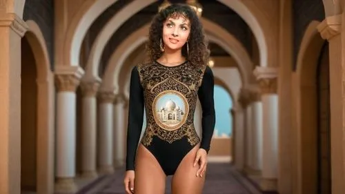 девушка одета в боди принт Абу-Даби,a model is wearing a  leotard and standing in a hallway,priestess,synagogal,kaftan,leotard,nun,fantasy woman,sorceress,bodysuit,photo session in bodysuit,female dol