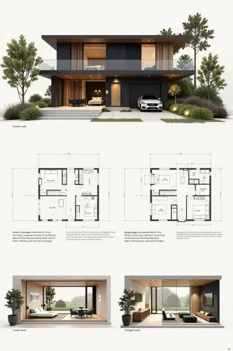 A professional architectural presentation board with a Pure background and a clean, minimalist design layout. The board includes:

Top Section: On the top left, a photorealistic render of a contempora