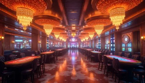 Vibrant casino atmosphere, dynamic LED light shows, shimmering chandeliers, warm golden ambiance, high-contrast lighting, spotlights on gaming tables, colorful neon signs, futuristic architectural des