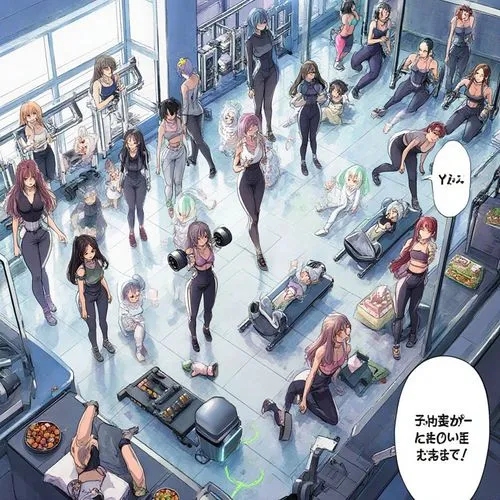 Detailed and realistic manga style:

A high-tech fitness center where beautiful elf women work out in a friendly atmosphere.

The center is divided into several sections: Weight Training, Cardio, Flex