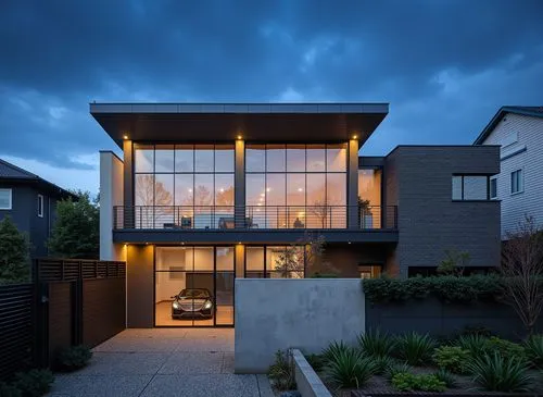 A modern two-story house with a contemporary design, located in a suburban area. the house has a large, rectangular glass window on the second floor, allowing natural light to filter through and creat