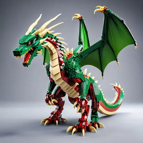 The lego dragon. with three heads,an action toy with green and red color blocks,dragon of earth,dragon design,dragon,painted dragon,forest dragon,emerald lizard,fire breathing dragon,dragon fire,basil