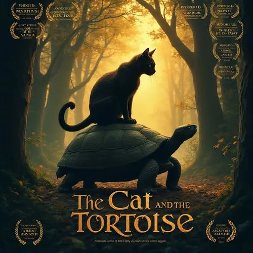 An epic movie poster for a film titled 'The Cat and the Tortoise.' The poster features a cat on top of a tortoise in a forest. The top of the poster is adorned with numerous award icons and text, such