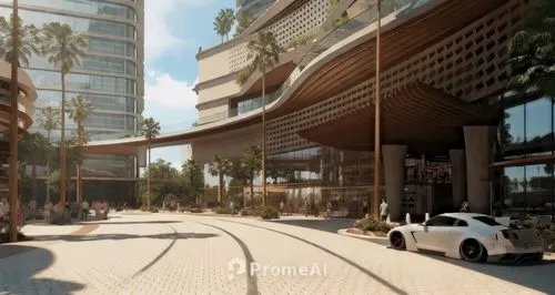 keep image but  3 percent warmer feel vibe with clarity in the glass,a white car is parked in front of some tall buildings,pedestrianized,render,street view,shopping street,rendered,rendering,hotel co