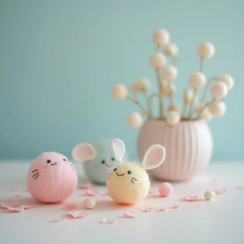 exclusive kids room elegant decoration on table,delicate ,pastel colors,blured background,zoom focus
,two small mice are next to small flowers in pink and yellow vases,cake pops,animal balloons,painte