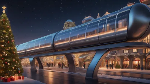 hyperloop christmas architecture city ,santa claus train,monorail,christmas sled,christmas mock up,elves flight,sky train,scandia christmas,electric train,elevated railway,maglev,christmas landscape,t