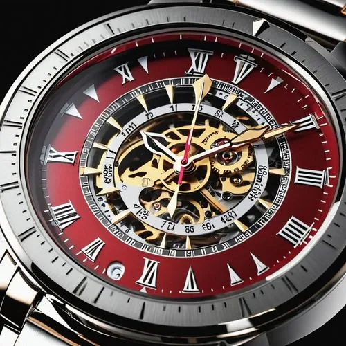 Fenix dentro de un reloj de ceniza 
tonos Rojo oscuro, plateado, dorado,a watch with a golden case and red face,mechanical watch,black-red gold,horology,chronometer,horological,chronographs,timepiece,