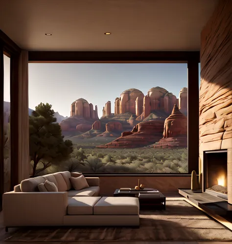 home landscape,sandstone wall,fireplace,living room modern tv,3d rendering,window treatment,fire place,sedona,desert landscape,cliff dwelling,modern living room,fireplaces,living room,beautiful home,l