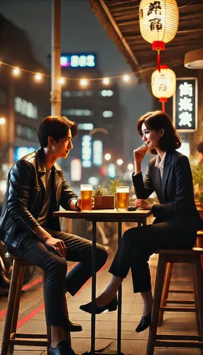 The hero and heroine each picked up a beer glass,romantic meeting,busan night scene,hideharu,sekai,conversation,street cafe,izakaya,damxung,salaryman,spy visual,coffeeshop,the coffee shop,korean drama