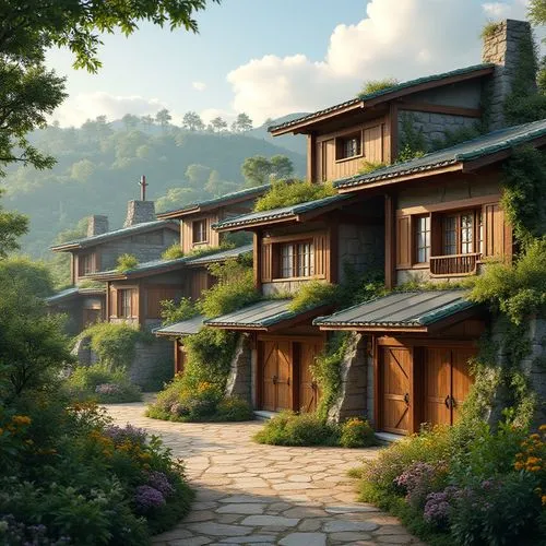 Prompt: Rural village, traditional regional architecture, earthy tones, natural materials, wooden beams, stone walls, green roofs, solar panels, wind turbines, rainwater harvesting systems, eco-friend