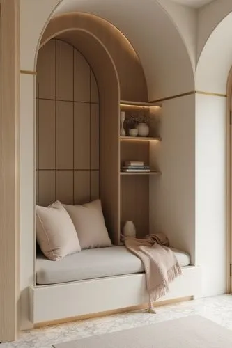 textured reading nook in home office, mini book shelf, minimalist style,a white couch with pillows next to a book shelf,bedchamber,bedrooms,headboards,daybeds,headboard,bedroom,daybed,mahdavi,alcoves,