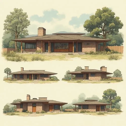An architectural sheet that shows different perspectives of the two-level house, the architecture of this house will be of a country type between the ancient and the modern, it will be located on the 