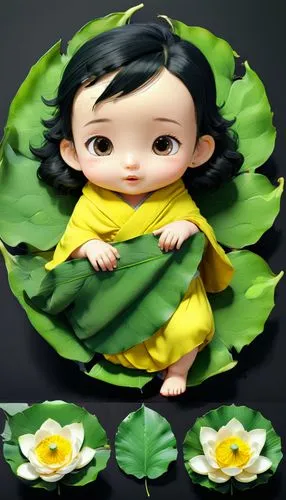 A lovely baby, green pillow, yellow shawl. black hair, she sleeping on the leaf of lotus. As 3d animation. Side view ,water lily plate,salad plate,decorative plate,lily pad,flowers png,rice paper,3d f