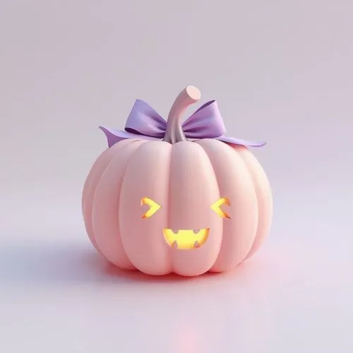 A 3D pastel pumpkin with soft lilac skin, glowing orange facial features, and a cute bow on top, resting gently on a white surface.








,the glowing pumpkin with its face is pink and has a purple 