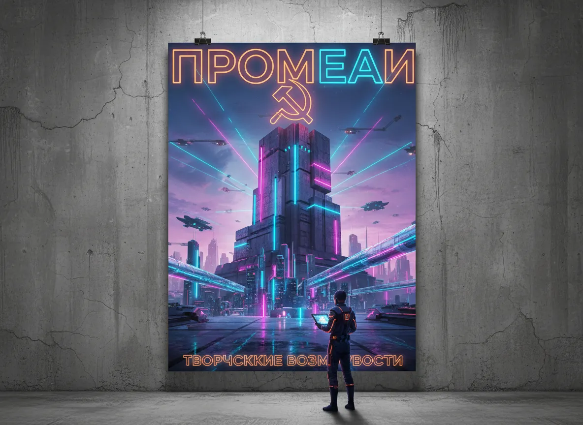 Un manifesto in stile ibrido che fonde il Brutalismo sovietico con elementi retro-futuristici al neon, dimostrando le possibilità creative con PromeAI.