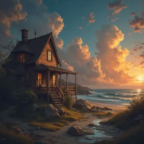 it's okay I've always wanted to go home,a painting of a cabin by the beach,summer cottage,cottage,lonely house,fisherman's house,home landscape,house by the water,wooden house,little house,fisherman's