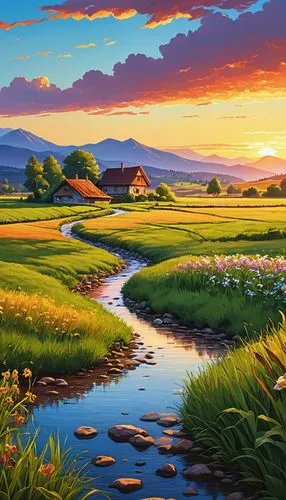 painting of a sunset over a field with a stream and a house, scenery art detailed, scenery artwork, painted landscape, detailed painting 4 k, stunning art style, beautiful art uhd 4 k, warm beautiful 