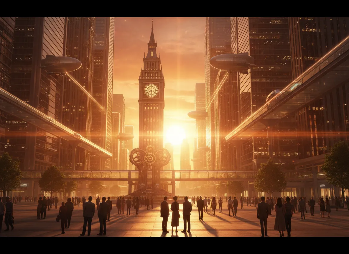 Eine Sammlung von vier Bildern, die dieselbe Szene mit unterschiedlicher KI-generierter Beleuchtung zeigen: goldene Stunde, Neon-Noir, nebliger Morgen und grelles Tageslicht.