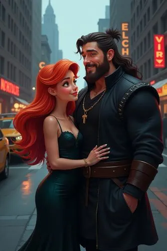 Ariel in a Gucci black dress, in New York, City scene, cute cartoon, Disney style, 3D, v 6.0
A peacefully happy couple standing close together. The woman has light orange hair flowing softly around he
