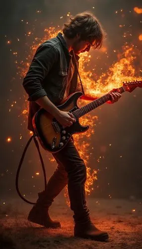 realistic guitarist plays with a burning guitar,a young man plays the guitar while glowing on his body,fire artist,guitar solo,guitarist,guitar player,electric guitar,fire master,combustion,fire backg