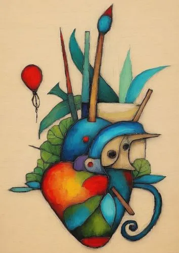 a drawing of a heart with a cigarette and some fruits,stitched heart,colorful heart,graffiti art,abstract cartoon art,human heart,ventricles,balloonist,red and blue heart on railway,blue parrot,blue w