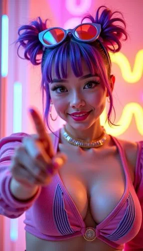 a pretty young woman in pink and black top posing for a photo,bonnie,jinx,vi,retro girl,noodle image,lambada,coco,jiggly,noodle,neon candies,candy island girl,retro woman,disco,rapscallion,idealizes,b