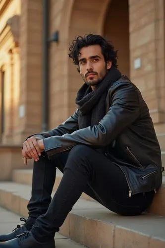 A young Middle Eastern man with a slim build and dark, expressive eyes, sitting on the steps of a historic building. His thick, curly hair is tied back, and he has a well-groomed beard. Dressed in a f