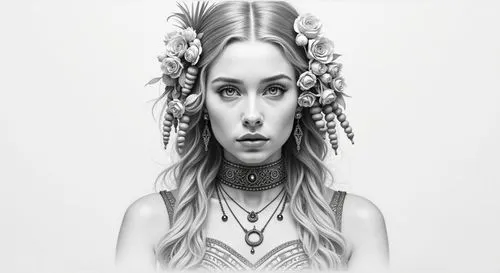 a pencil sketcche,a girl with flowers on her head looking forward,jessamine,fantasy portrait,white lady,priestess,headdress,elven,mystical portrait of a girl,bohemian art,pencil drawings,benefactress,