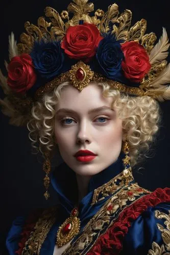 Regal portrait of a person with pale skin, blonde curly hair, and deep red lipstick, wearing an elaborate navy blue and gold baroque costume with intricate embroidery and golden accents, adorned with 