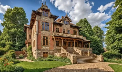 an old building with an ornate front porch,victorian house,marylhurst,old victorian,two story house,henry g marquand house,beautiful home,Photography,General,Realistic
