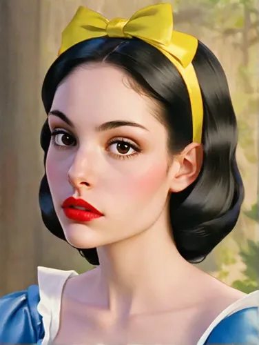 Princess (Snow White: 1.3) from Disney movie Snow White and the Seven Dwarfs, wears a classic princess gown that is colored in shades of blue and yellow. dark hair and typically styled in a bob with a