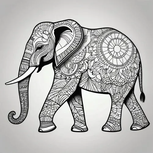 Dessin au trait complexe et détaillé d'un éléphant africain de profil, marchant vers la droite. L'intégralité du corps de l'éléphant est recouverte de motifs ornementaux de style zentangle : motifs ci