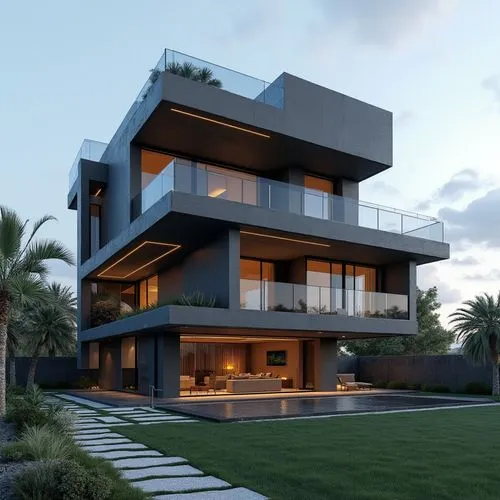 A contemporary, multi-story luxury residence showcasing a bold, geometric composition of stacked rectangular volumes in deep charcoal and slate hues. The façade features sleek glass railings, spacious