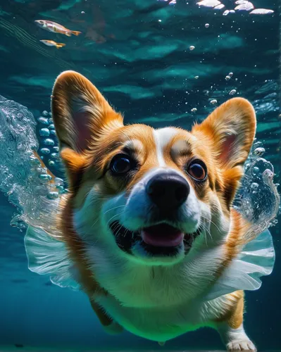a corgi,dog in the water,corgi,pembroke welsh corgi,the pembroke welsh corgi,water dog,welschcorgi,welsh corgi,welsh corgi pembroke,corgis,corgi face,cardigan welsh corgi,underwater background,sea ani